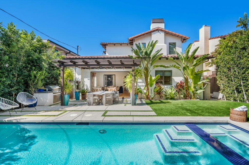 Exterior shot of a luxury Spanish-style home in Hollywood, California.